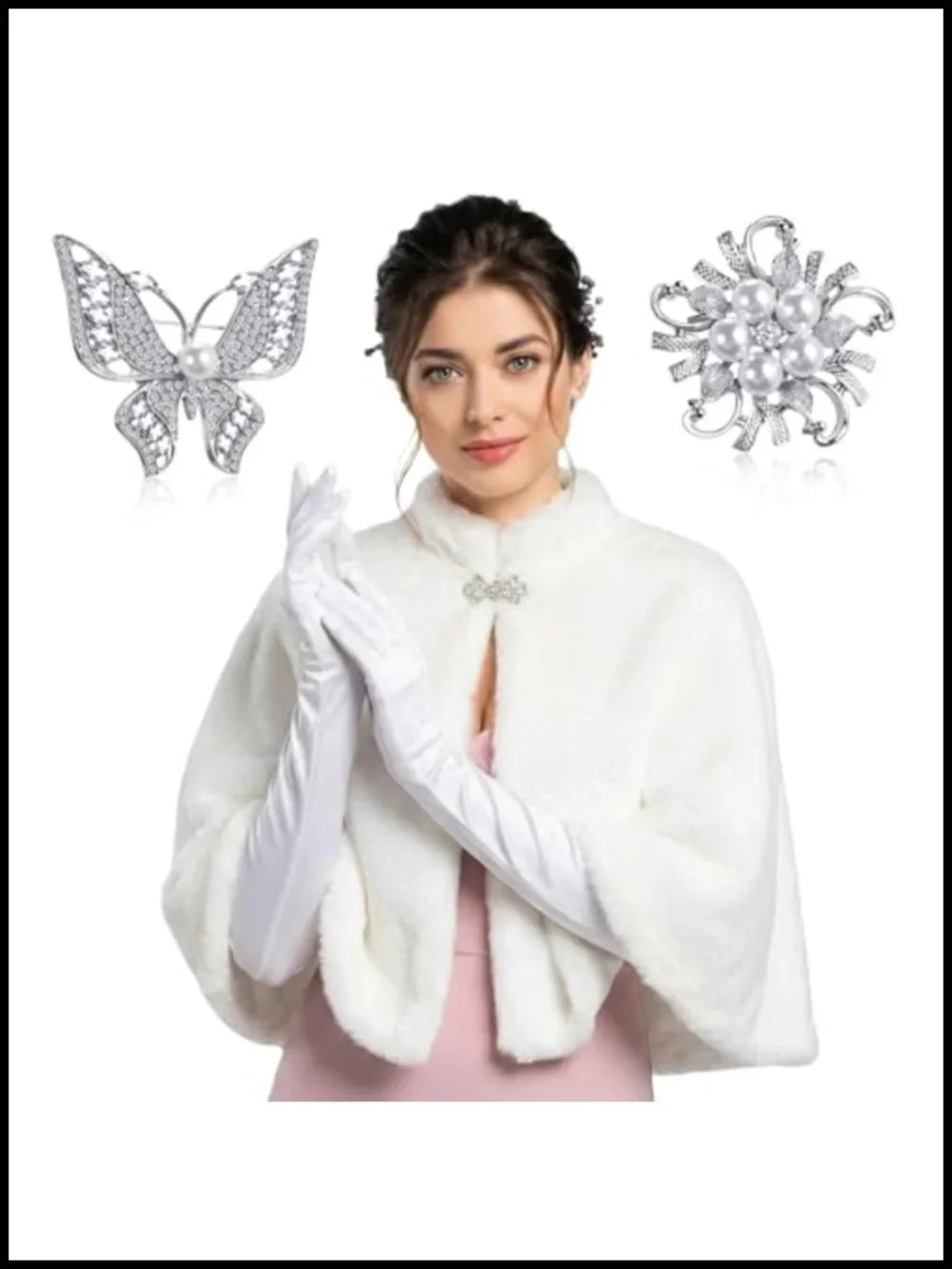 Faux Fur Wrap Shawl Set with Faux Pearl Rhinestone Brooches and Velvet Gloves